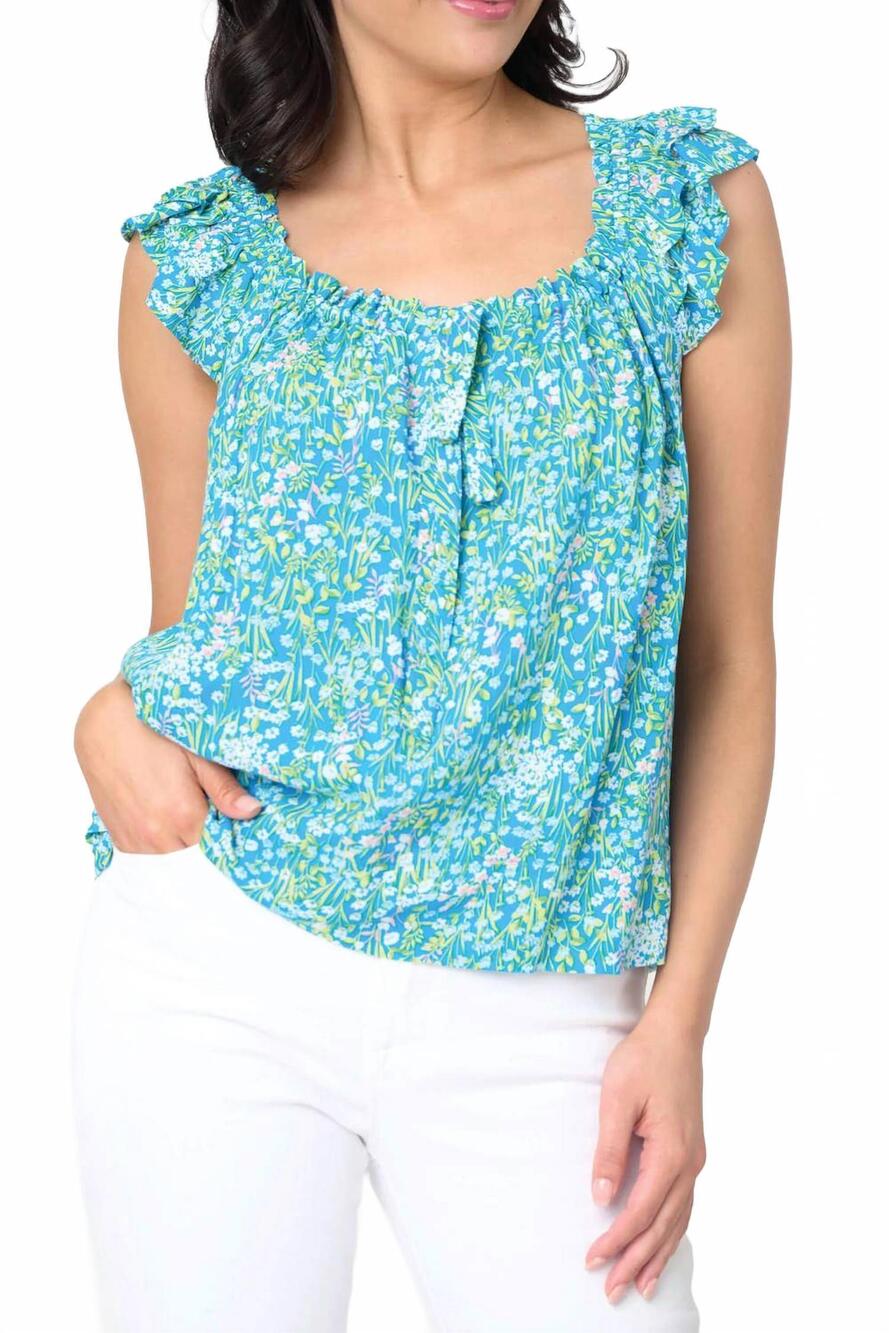NEW GIBSONLOOK flutter tank with tie back detail in pretty meadow blue floral
